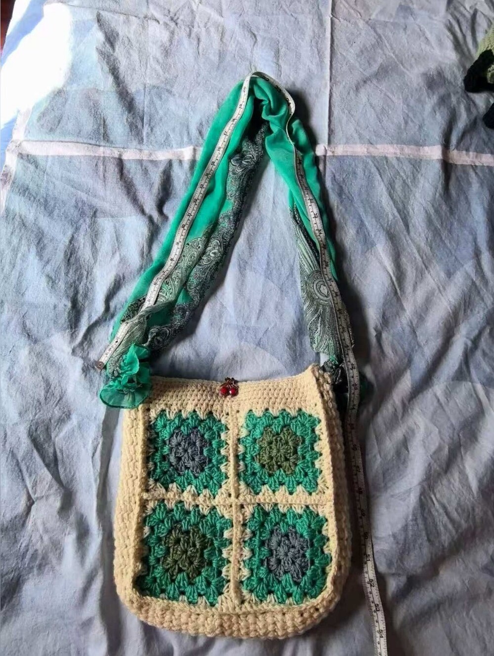Handmade Crochet Crossbody Bag in Green and Cream
